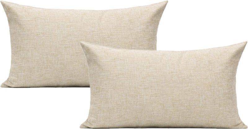 Photo 1 of All Smiles Lumbar Throw Pillow Covers 12x20 Set of 2 Linen Beige Rectangle Pillow Cases Burlap Oblong Cushion Farmhouse Neutral Khaki Home Décor Indoor Outdoor for Bed Sofa Couch Patio Bedroom
