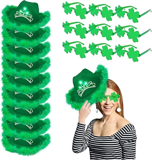 Photo 1 of 18 Pcs St Patrick's Day Cowgirl Hats and Glasses, LED Lighting Cowboy Hat Costume Accessory for Party