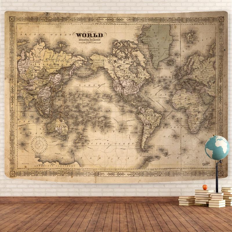 Photo 1 of GOAOK Retro Old World Map Tapestry, Vintage Map Asian Northern European Topography Earth Educational Tapestry for Classroom, Brown Adventure Travel World Map Office Tapestry Wall Art 60"X40"

