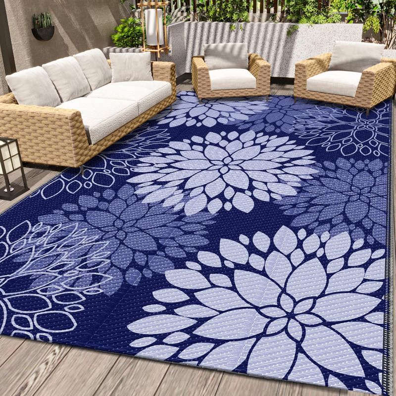 Photo 1 of Outdoor Rugs 5X8 ft Patio Waterproof Outdoor Plastic Straw Rug Reversible Carpet Mat for Camping, Beach, Picnic, Porch, Flower Blue & White
