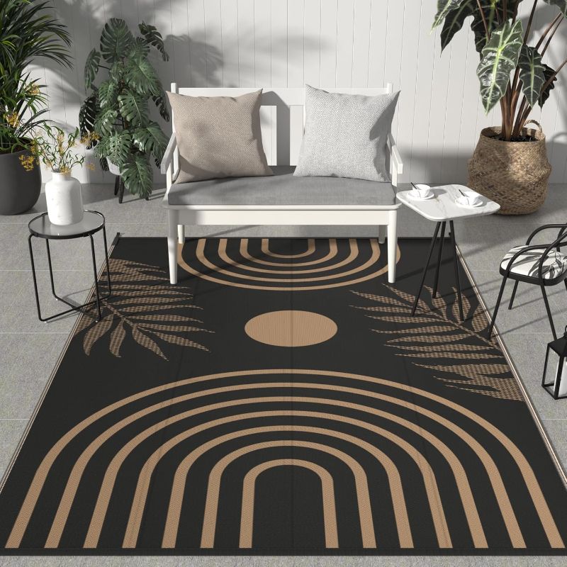 Photo 1 of GENIMO Outdoor Rug 8' x 10' Waterproof for Patio Clearance, Reversible Lightweight Plastic Straw Camping Carpet, Large Area Rugs Mats for Rv, Backyard, Deck, Porch, Picnic, Balcony, Mix-Black & Brown
