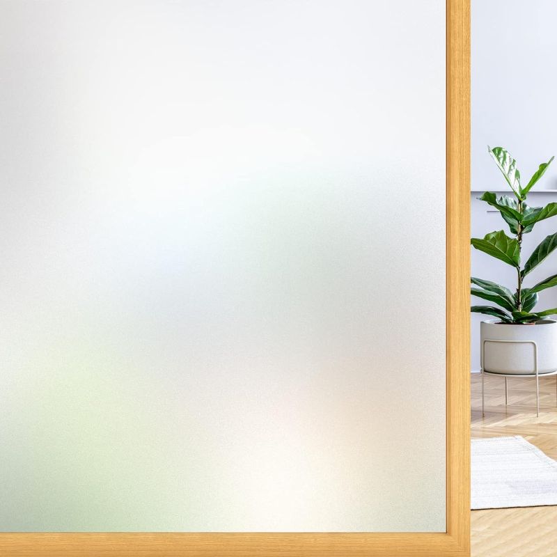 Photo 1 of rabbitgoo Window Privacy Film, Frosted Glass Window Clings, Static Cling UV Heat Blocking Door Stickers for Home Bathroom, Removable Indoor Decal Coverings Day and Night, Pure, 17.5 x 78.7 Inches
