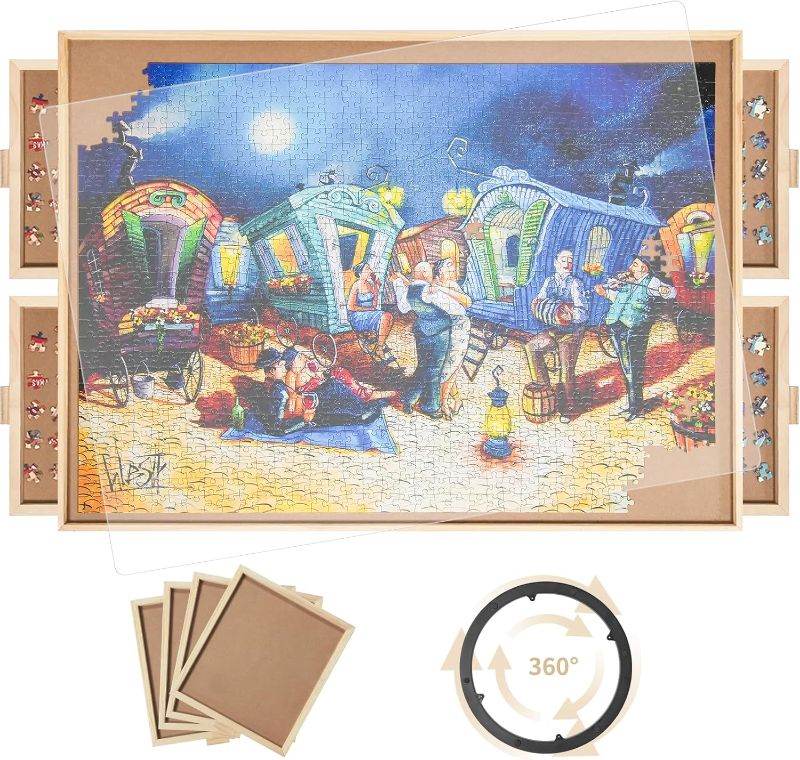 Photo 1 of 1500 Pieces Rotating Puzzle Board with 4 Drawers,34.25"x25.2" Portable Wooden Jigsaw Puzzle Table with Lazy Susan Spinning Cover for Adults
