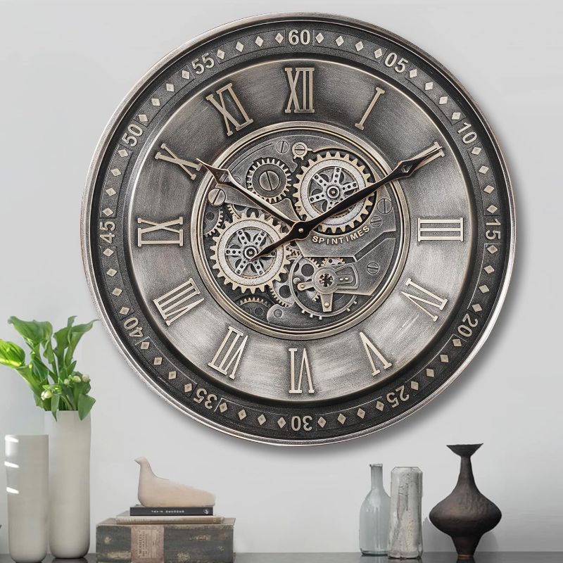 Photo 1 of CLXEAST 24 Inch Large Moving Gear Wall Clock for Living Room Decor, Antique Silver Metal Roman Numerals Wall Clocks for Home Office

