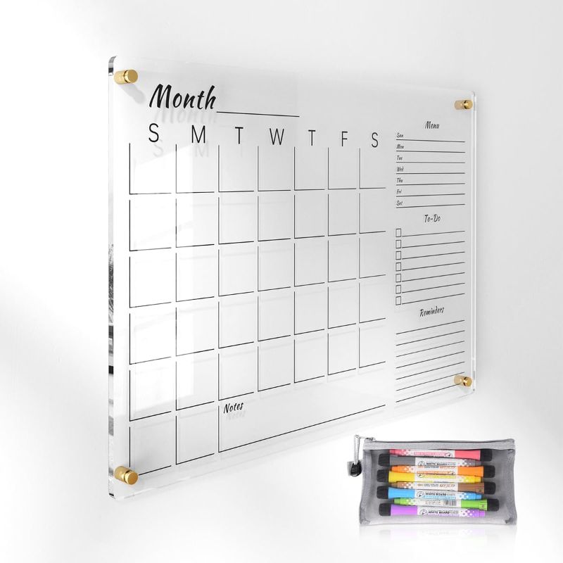 Photo 1 of 24x16" Clear Acrylic Wall Calendar with Dry Erase Surface, Monthly Planner Board, Includes Colorful Markers, Eraser, Multi-Color Mounting Screws, & Easy Install Kit - Ideal for Home & Office
