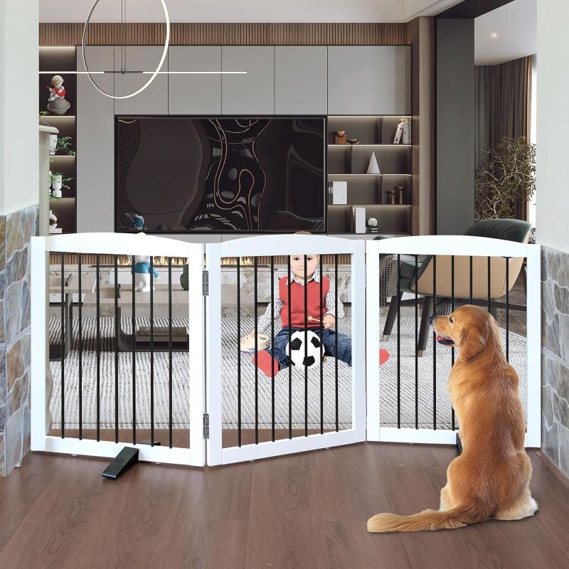 Photo 1 of Freestanding Panel Dog Gate for Indoor Doorways, Stairs, or Hallways - Foldable Wooden Pet Gate, 24" Height - 3 Panels, White