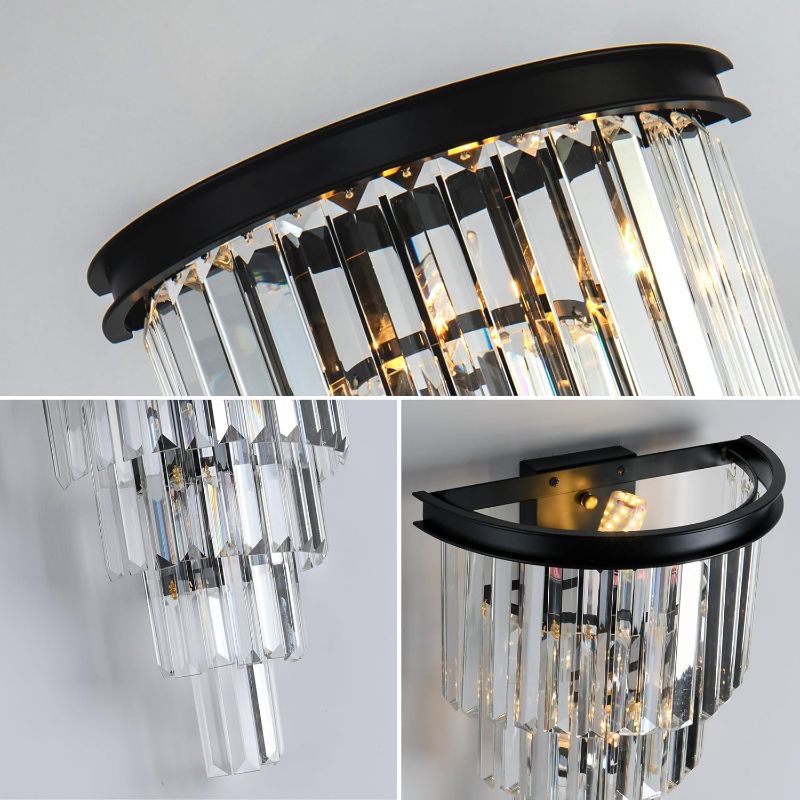 Photo 1 of Black Crystal Wall Sconce, Modern 4-Tiers K9 Clear Crystal Wall Light Bedside Wall Mount Lamp for Living Room Bedroom Mirror Dining Room Hallway Foyer Lighting Fixture
