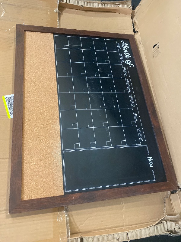 Photo 1 of 4 THOUGHT Chalkboard Calendar Corkboard Combo, 24" x 36" Large Bulletin Board Magnetic Calendar Chalkboard for Wall Combination Board Monthly Planner Rustic Brown Frame 4 Markers 8 Magnets 10 Pushpins
