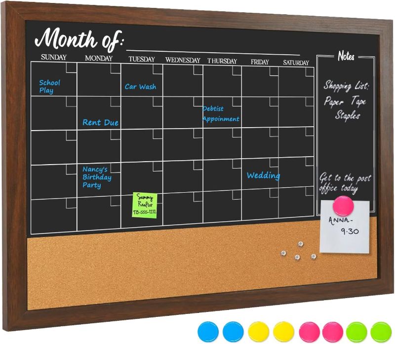 Photo 1 of 4 THOUGHT Chalkboard Calendar Corkboard Combo, 24" x 36" Large Bulletin Board Magnetic Calendar Chalkboard for Wall Combination Board Monthly Planner Rustic Brown Frame 4 Markers 8 Magnets 10 Pushpins
