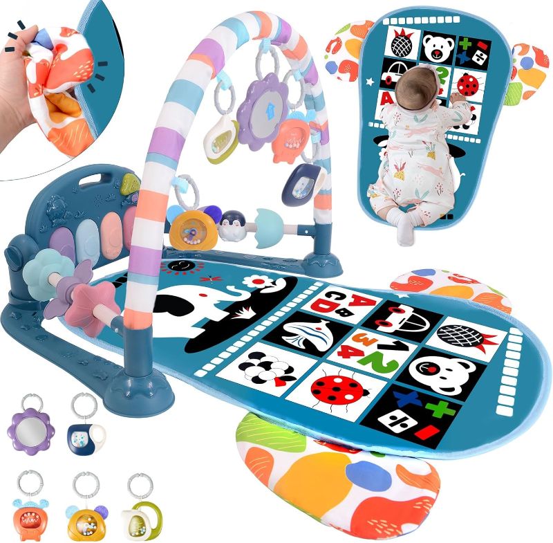 Photo 1 of Baby Play Gym for 0-6 Months, Tummy Time Mat & Activity Mat with Music & Lights, Newborn Gift for Boys, Blue