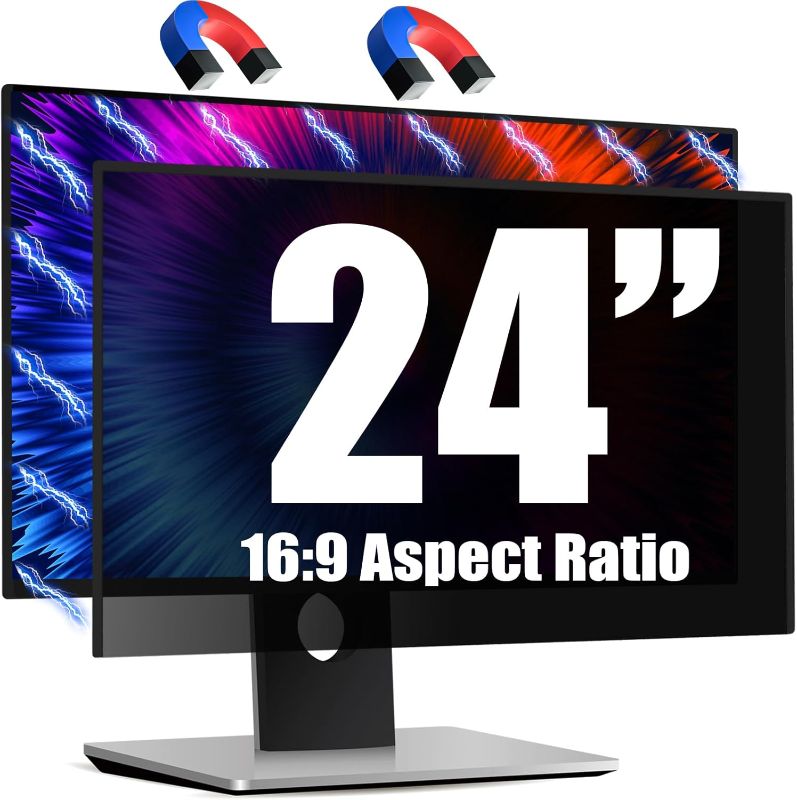 Photo 1 of Magnetic Invisible Hidden Design Computer Privacy Screen Filter 24 Inch for Frameless Monitor 16:9 Aspect Ratio, Removable Anti Glare Blue Light Protector, Double Sided Reversible Eye Care 24in Film
