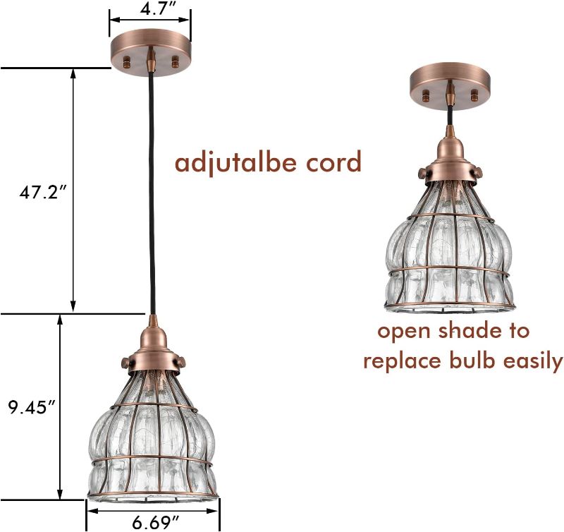 Photo 1 of YUBOLE Vintage Cracked Glass Wire Cage Hanging Pendant Light, Red Antique Copper
