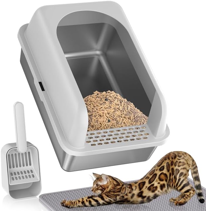 Photo 1 of Stainless Steel Cat Litter Box witn High Sides, Extra Large Litter Box with Lid, Metal Litter Boxes for Multiple Cats, Anti-Leakage,Non-Stick, Easy to Clean, Included Cat Litter Mat, Scoop
