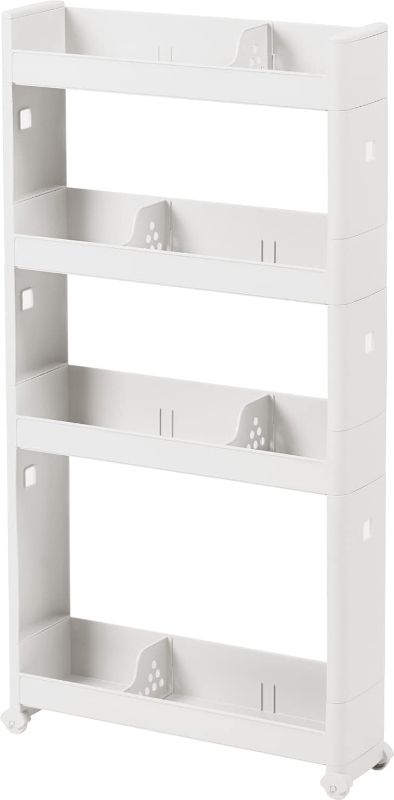 Photo 1 of carrotez Slim Storage Cart with Wheels (5 Inch Wide), 4-Tier Rolling Kitchen Cart, Slim Rolling Storage Cart for Small Spaces, Kitchen, Laundry Room, Bathroom - White