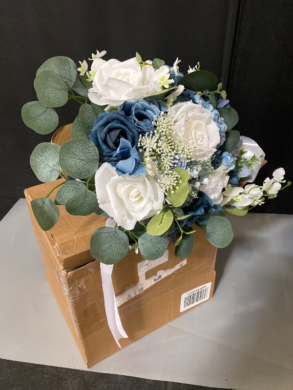 Photo 1 of 11 Inch Dusty Blue Wedding Bouquets for Bride White Navy Blue Artificial Roses Flower Cascading Bridal Bouquet for Rustic Boho Fall Vintage Wedding Ceremony Party and Anniversary