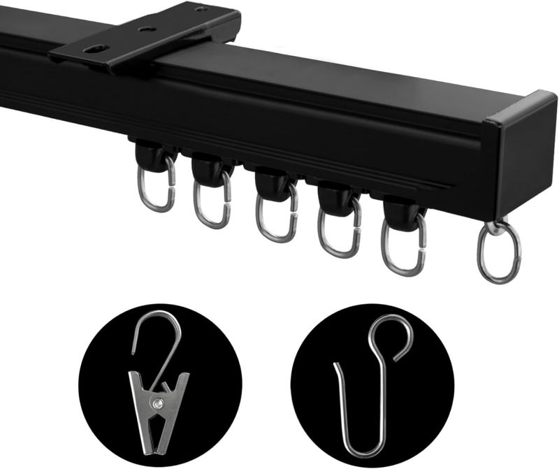 Photo 1 of Ceiling Mount Curtains Track Room Divider Privacy Partition Separator Curtain Tracks Rods Heavy Duty RV Shower Outdoor Rail Clip Hook Set, Black 3-12ft