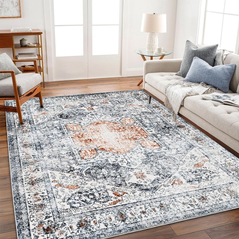 Photo 1 of Area Rug 8x10 Washable Rug Orange Gray Vintage Traditional Mat Distressed Indoor Foldable Thin Retro Accent Floral Print Non Slip Carpet Living Room Dining Room Office