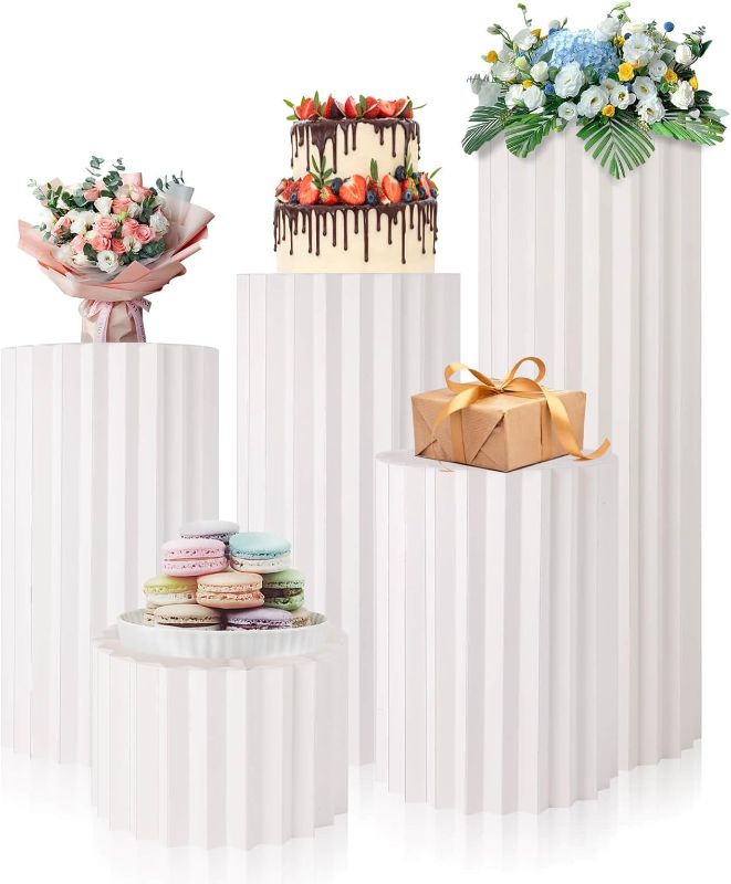 Photo 1 of Cylinder Stands for Party 5 Pcs Paper Cake Stand, Party Decoraciones Para Sala Cake Table, Round Backdrop Stand Nesting Display Cylinder Tables for Parties Wedding Living Room Patio Decor(Paper Production)