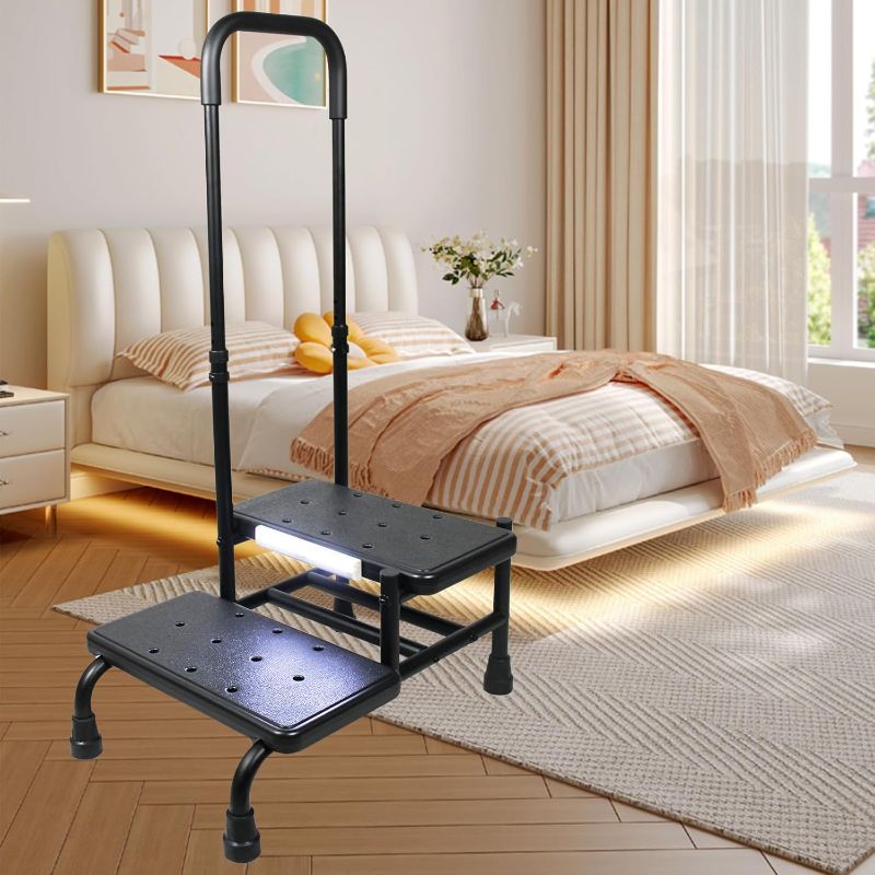 Photo 1 of 2- Step Stool with Handle for Elderly, Heavy Duty Bed Steps for High Beds for Adults, Bedside Step Stool for Elderly, Handicap, Height Adjuastable & with Sensor Light, Hold up to 450 lbs