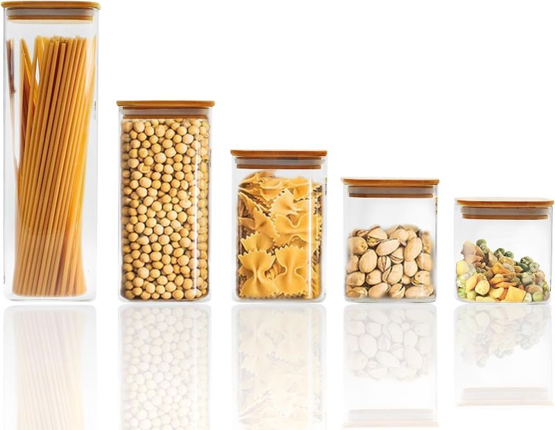 Photo 1 of 5 Pack Glass Food Storage Jars, Clear Glass Canister Food Jar with Bamboo Wooden Lid Food Storage Container for Sugar, Pasta, Snack, Coffee Beans, Cookies, Nuts, Coffee Beans

