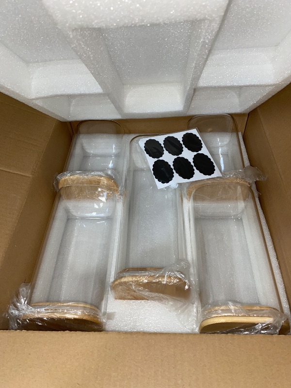 Photo 1 of 5 Pack Glass Food Storage Jars, Clear Glass Canister Food Jar with Bamboo Wooden Lid Food Storage Container for Sugar, Pasta, Snack, Coffee Beans, Cookies, Nuts, Coffee Beans
