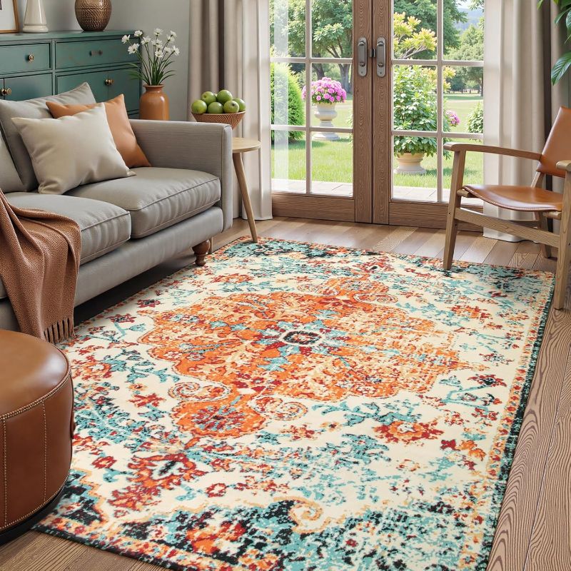 Photo 1 of Lahome Bohemian Floral Medallion Area Rug - 5x7 Oriental Distressed Large Bedroom Rug, Soft Non-Slip Washable Dining Room Mat Indoor Throw Nursery Floor Carpet for Guest Room Entryway

