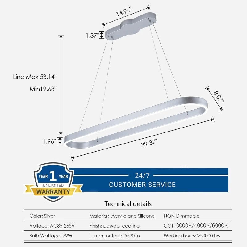 Photo 1 of Modern Kitchen Island Lighting 79W 5530lm Silver Pendant Lights LED Linear Chandelier Pendant Lighting for Office Dining Room Kitchen Island, Living Room,Led Light for Over Pool Table
