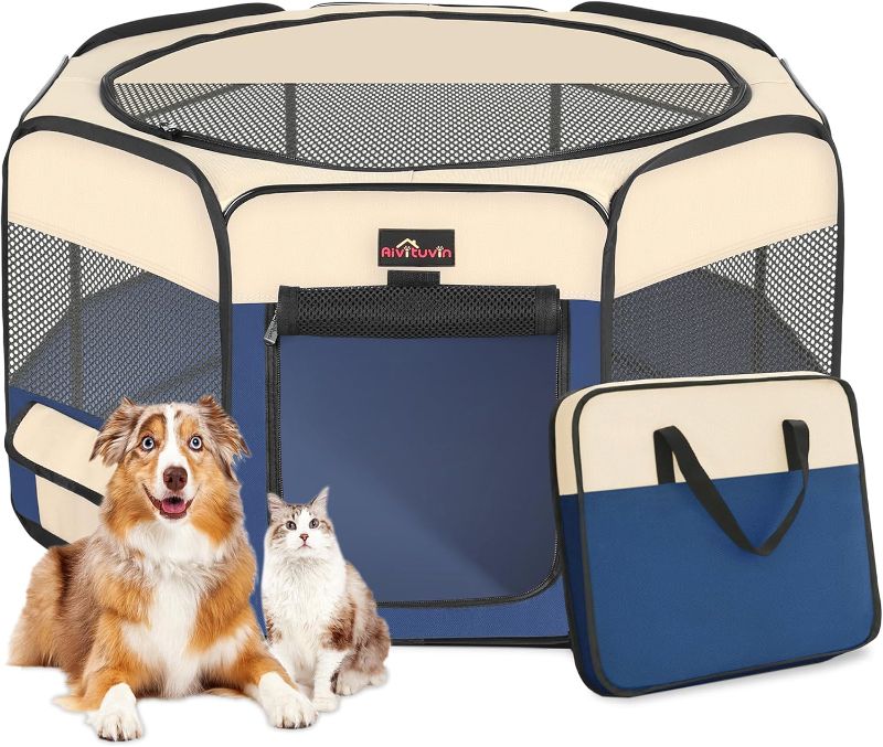 Photo 1 of Aivituvin Dog Playpen, Foldable Pet Play Pens with Carrying Bag for Cat, Puppies, Rabbits, Portable Dog Tent Crates Cage for Travel Camping Indoor Outdoor, Removable Shade Cover, Blue S
