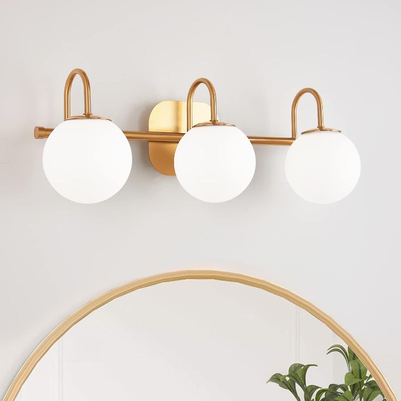 Photo 1 of Modern Bathroom Vanity Light Fixtures 3 Lights Brushed Brass Frame and Milk White Glass Globe Shade Modern Wall Sconce Lighting Bath Vanity Lights Bar Over Mirror (Exclude G9 Bulb)
