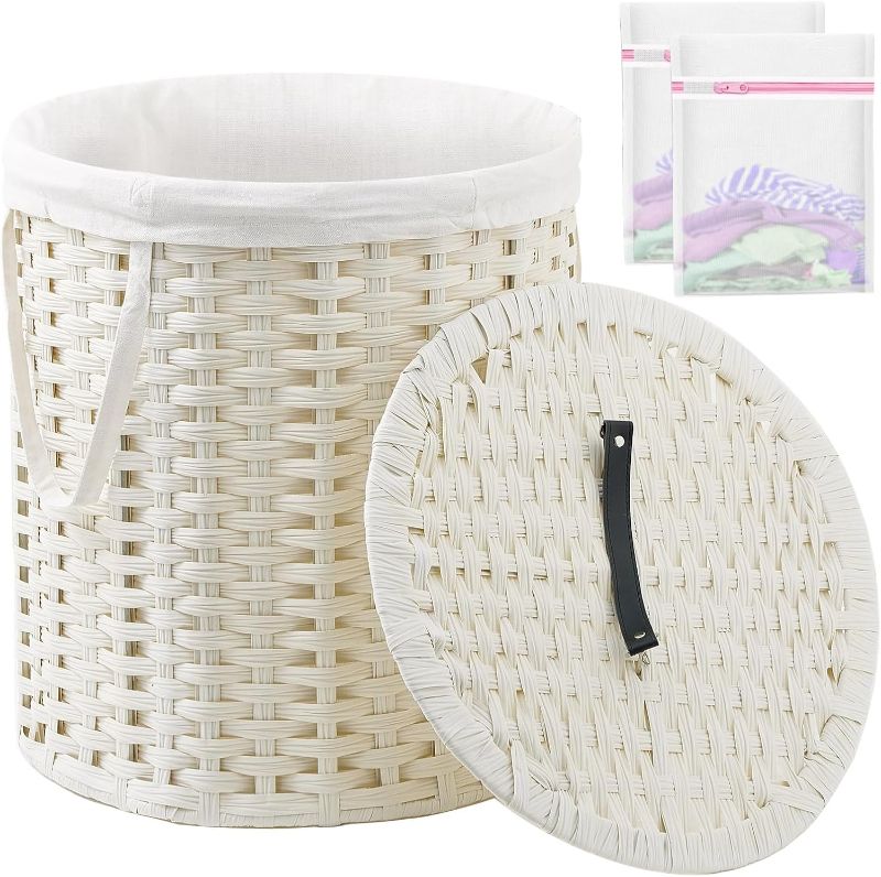 Photo 1 of Laundry Hamper with Lid Wicker Laundry Hamper Round 26.5 Gal (100 L) Laundry Basket Handwoven Rattan Laundry Basket with Removable Bag Handles 2 Mesh Bags for Living Room Bedroom White
