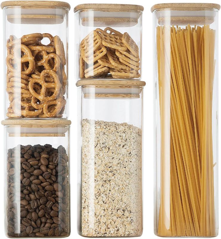 Photo 1 of Glass Food Storage Jars,Spaghetti Pasta Storage Container,Borosilcate Glass Canister Set with Eco-Friendly Bamboo Lids for Noodles Flour Cereal Coffee Beans - 10 pc set