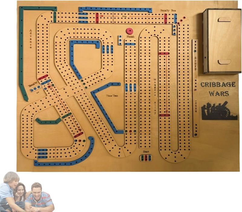 Photo 1 of Large Cribbage Wars Board Game(17.72 x 13.78 inch) Cribbage War Game Wooden Cribbage Board Game Set with Built-in Storage Compartment for Cribbage Pegs and Cards Family Games for Kids and Adults
