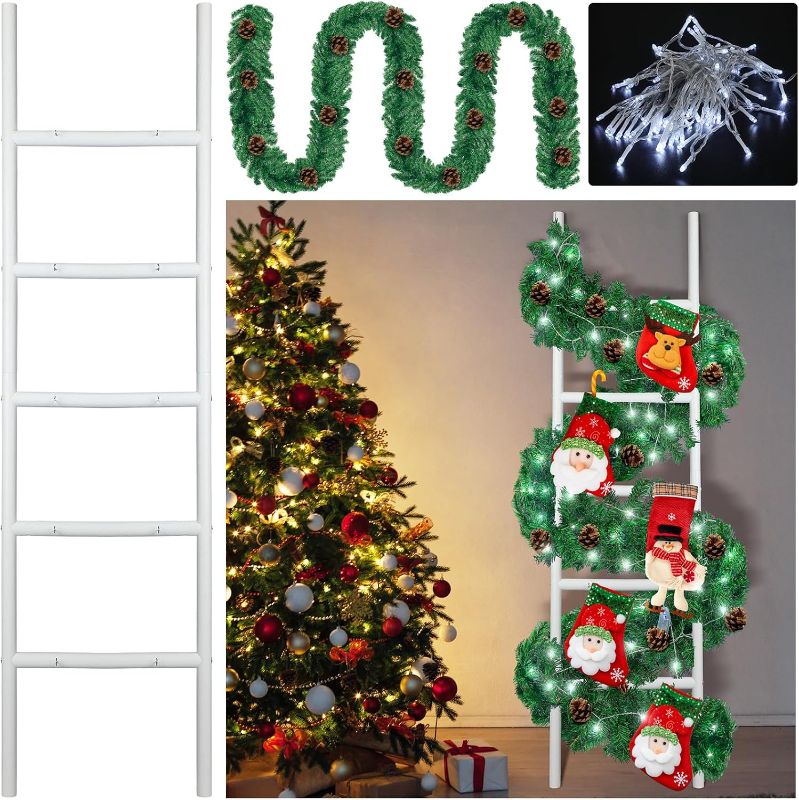 Photo 1 of Tigeen 59 Inch 3 Pack Lighted Christmas Stocking Holder Stand for Wall 10 Hook Wooden Christmas Ladder Stocking Hanger Artificial Garland Battery Operated Light for Xmas Holiday Party(Novel Style)
