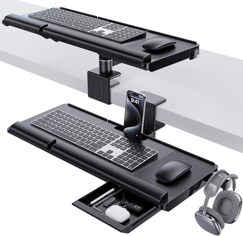 Photo 1 of Klearlook Keyboard Tray Under Desk&Above Desk - Adjustable Ergonomic Sit Stand Keyboard Riser w/360° Rotation, 24.4"×10.08" Keyboard Stand Desk Extender w/Wrist Rest&Storage Drawer-Black
