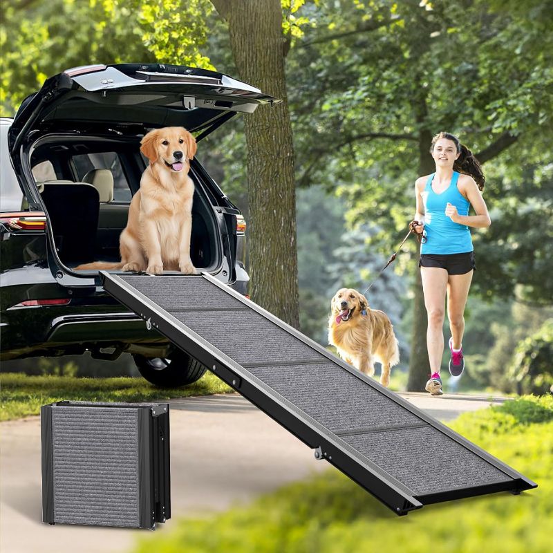 Photo 1 of Dog Ramp for Car, SUV, Truck, and Vehicle – Portable and Adjustable Dog Ramps for Small, Medium, Large Dogs – 63"x17" Folding Dog Ramp with Anti-Slip Rug Surface, Outdoor Large Dog Ramp Up to 250LBS
