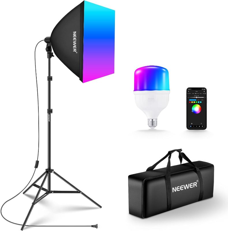 Photo 1 of NEEWER RGB Softbox Lighting Kit with App Control & 9 Effect Modes, 26W LED Bulb CRI93+ TLCI98+, E26 Porcelain Socket, 24" Softbox, for Studio Photography Lighting, NK800
