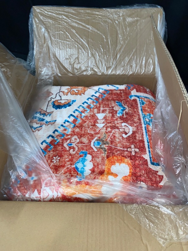 Photo 1 of Area Rug 6x9 Orange Red Washable Living Room Vintage Rug, Soft Non Slip Low Pile Boho Printed Carpet for Bedroom Dining Room Indoor