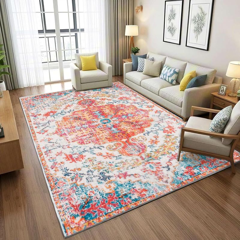 Photo 1 of Area Rug 6x9 Orange Red Washable Living Room Vintage Rug, Soft Non Slip Low Pile Boho Printed Carpet for Bedroom Dining Room Indoor