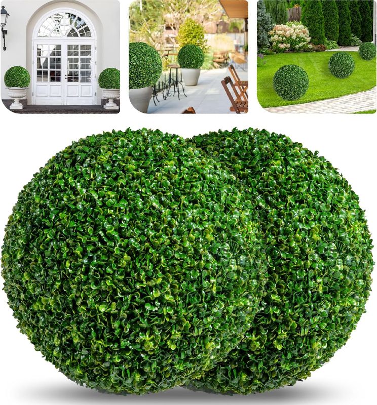 Photo 1 of 15.6 Inch Artificial Plant Topiary Ball Set of 2 Green Boxwood Balls with 8 Layers Leaves UV Protection Faux Evergreen Plants Outside Decor for Porch Garden Backyard
