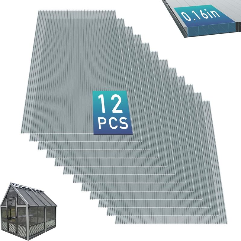 Photo 1 of 12Pcs Polycarbonate Greenhouse Panels, 4' x 2' x 0.16''Twin-Walled Waterproof and UV-protected Shatterproof Board, Transparent Polycarbonate Sheets for Outdoor, Plant Stand Roof, Greenhouse(Grey Blue)
