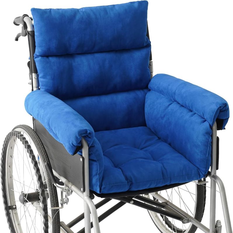 Photo 1 of Wheelchair Cushions Pressure Pain Relief Accessories with Armrest Covers. Supports Coccyx & Back, Non-Slip. Fits 18" Wheelchair with Full Arms, Blue.
