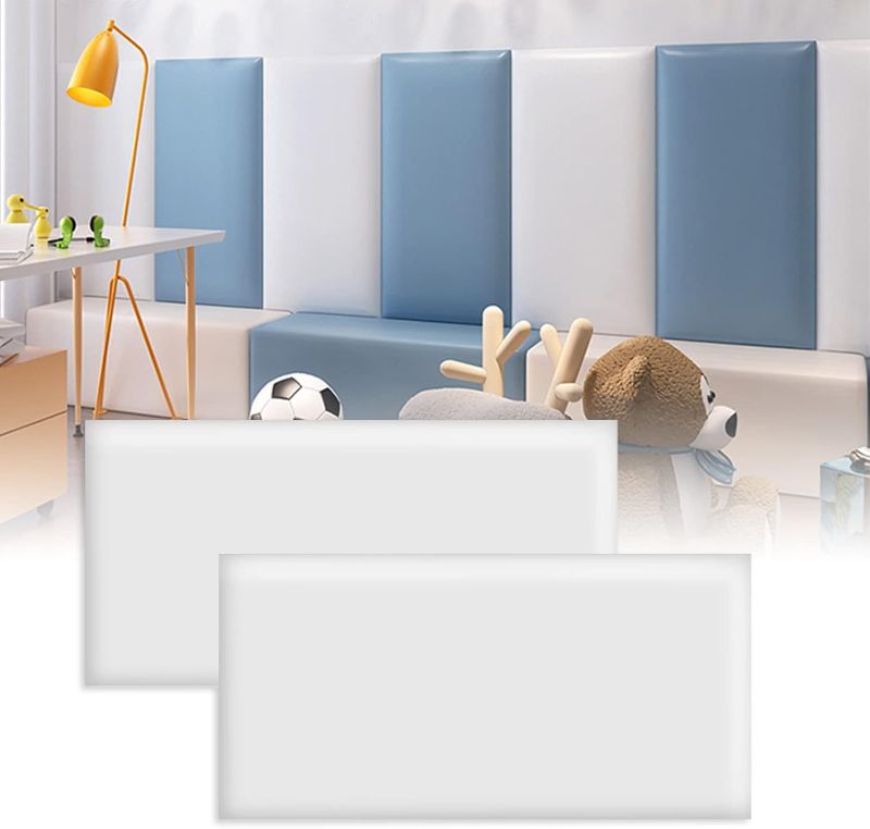 Photo 1 of 3D Anti-Collision Wall Padding for Kids, Peel and Stick Upholstered Wall Panels, Queen Headboard, Playroom Decorative Protection Panel, Pack of 2 Panels Sized 23.6” X 11.8” (White)
