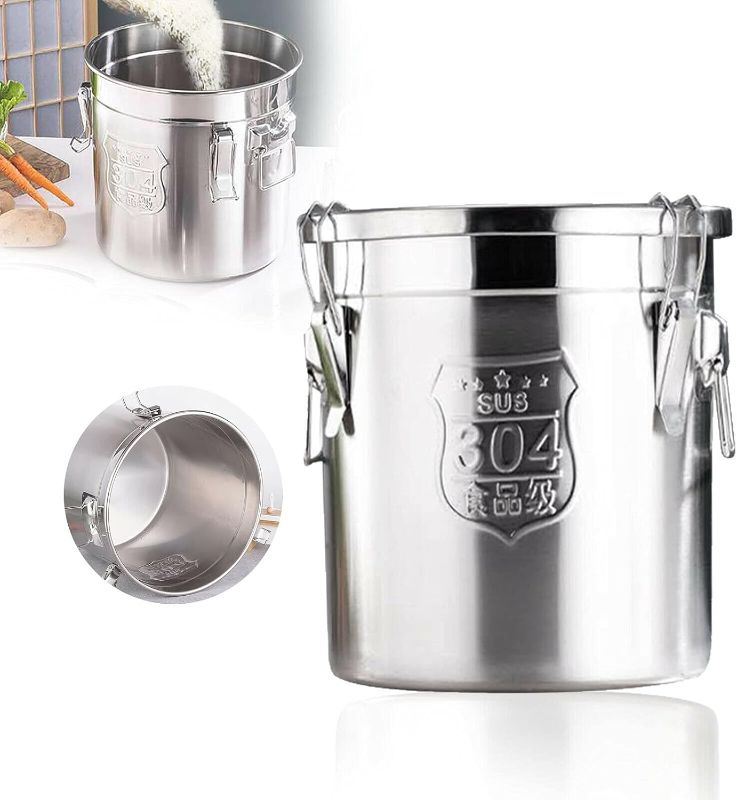Photo 1 of Stainless Steel Airtight Canister for Kitchen, Rice Cereal Grain Canisters Container for Household Kitchen Food Bean Flour Oil Sugar Milk Cookie Storager Bucket w/Handles Lid (12L)
