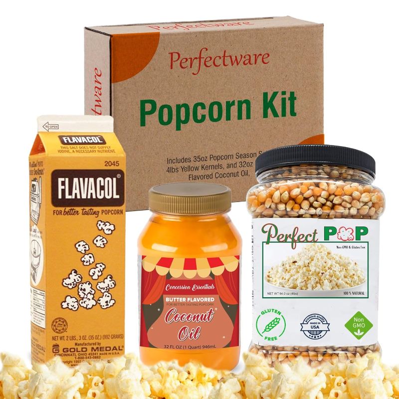 Photo 1 of Perfectware Popcorn Kit- (Includes 35oz Popcorn Season Salt, 4lbs Yellow Kernels, and 32oz Butter Flavored Coconut Oil, Plain,PW-Popcorn Kit-3
