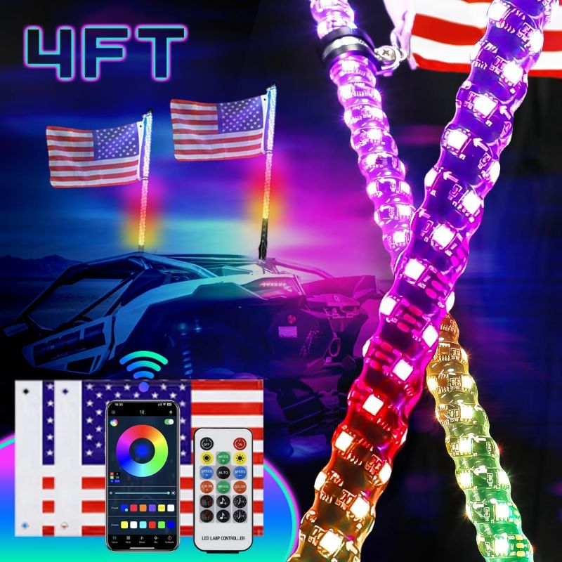 Photo 1 of UNI-SHINE 2PCS 4FT LED Whip Lights with Spring Base Spiral RGB Chasing Lights with APP & Remote Control, Music Antenna Whip Light for Can-Am UTV ATV RZR Can-Am SXS Polaris Offroad
