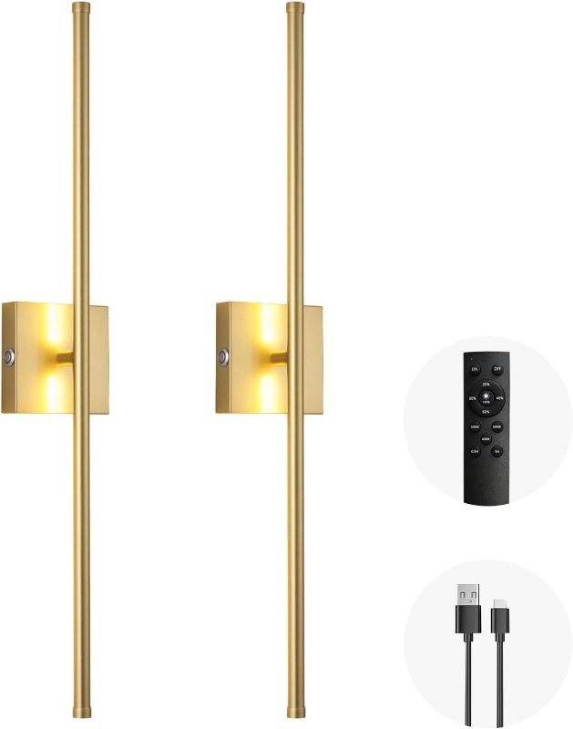 Photo 1 of LED Wireless Wall Sconce with Remote Control (Set of Two), USB Rechargeable Battery Powered Indoor Wall Lamps, Dimmable, 360° Rotate,Timing, 28.3 inch Gold Wall Lights for Hallway/Living Room/Bedroom
