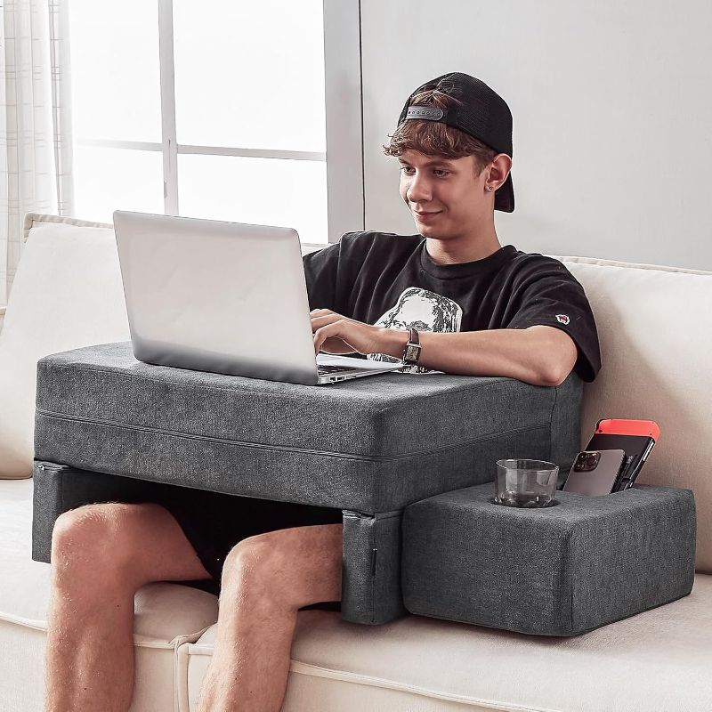Photo 1 of Lap Desk Pillow for Laptop, Large Reading Pillow for Adult, Arm Rest Pillow with Cup Holder, Memory Foam Bed Desk for Working, Gaming, Reading, Laptop Desk for Couch Bed Floor(Grey)
