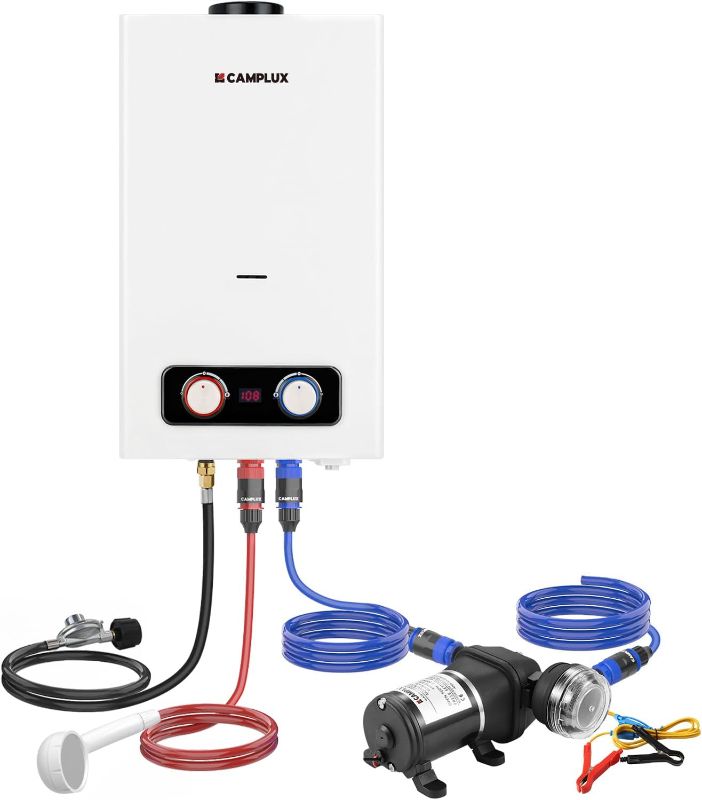 Photo 1 of CAMPLUX Portable Propane Water Heater 2.64 GPM, Camping Water Heater with 3.3 GPM Water Pump Kit & Pipe Strainer, 68,000 BTU, BD264P120