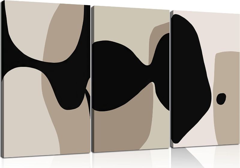 Photo 1 of 3Pcs Black and Beige Canvas Wall Art Minimal Neutral Abstract Posters Pictures Boho Black Lines Paintings Mid Century Modern Prints for Bedroom Living Room Farmhouse Gallery Wall Decor Framed
