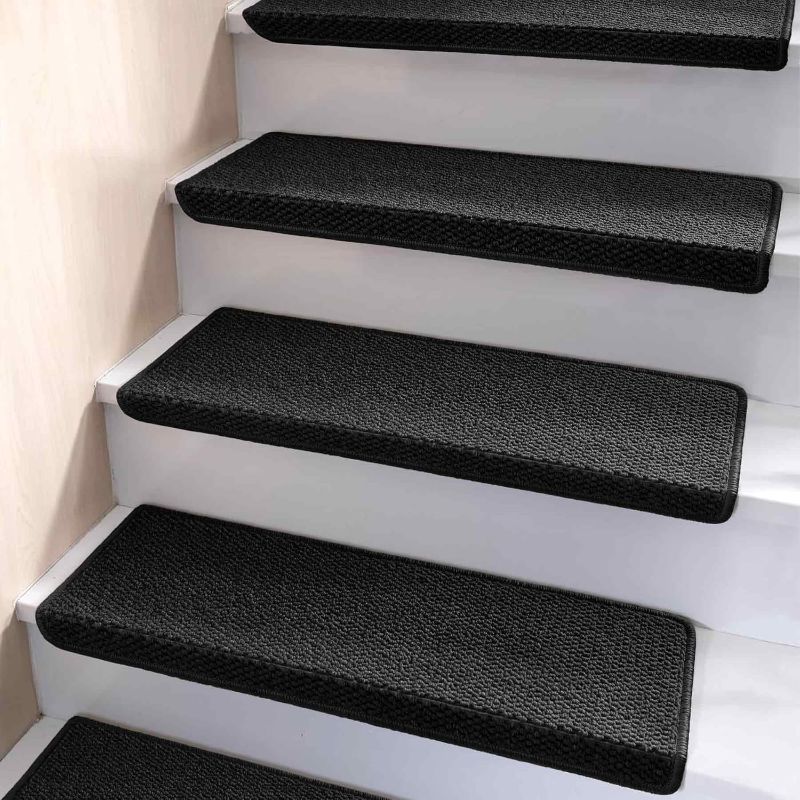 Photo 1 of Bullnose Carpet Stair Treads, Non Slip for Wooden Steps Indoor, Runner, Soft Rugs for Pets, Edging Protectors, Washable, 29.5"x9.5"x1.5" 14pcs, Black
